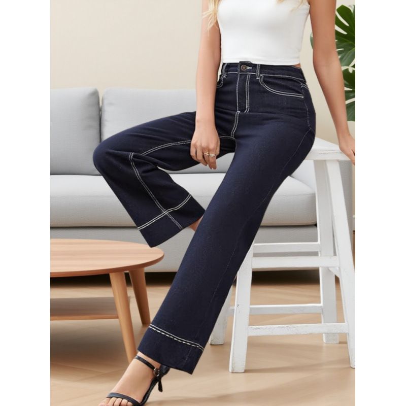 High Waisted Straight Leg Jeans for Women Dark Navy Blue with High Stitch Decoration New Style 2025 Factory Direct Wholesale_mkmklike.com