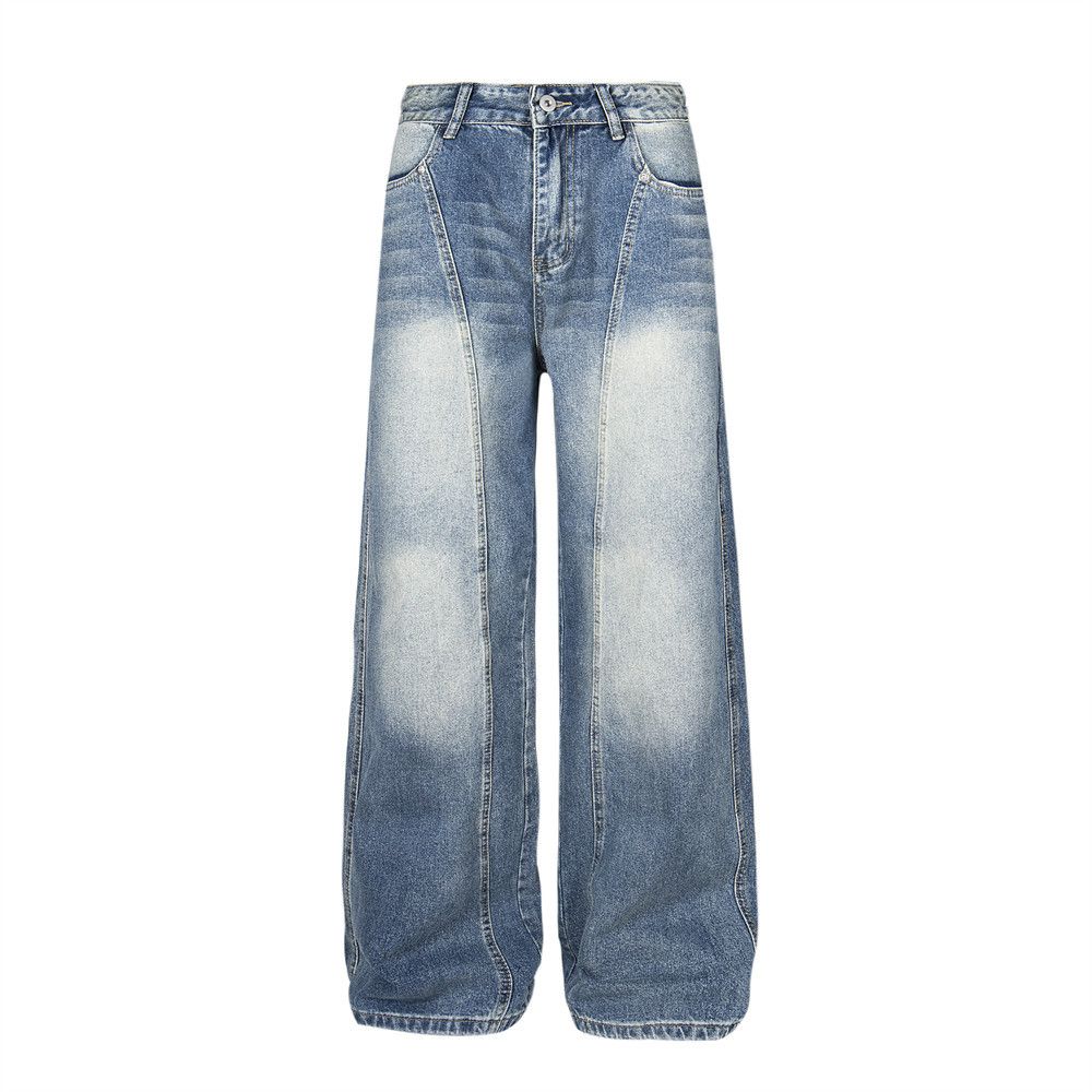 Washed Gradient Jeans For Men Loose Wide-Leg Floor-Length Split Patchwork Design Casual Straight-Leg Pants Trendy_mkmklike.com