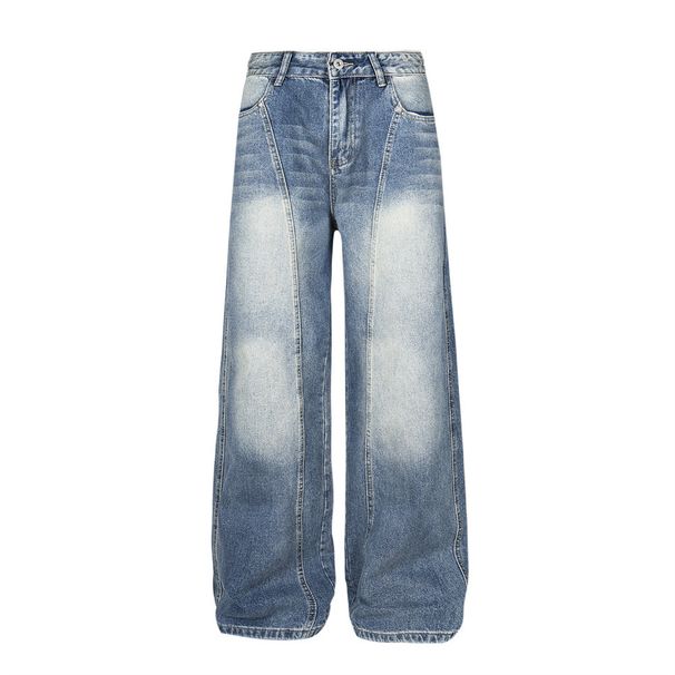 Washed Gradient Jeans For Men Loose Wide-Leg Floor-Length Split Patchwork Design Casual Straight-Leg Pants Trendy_mkmklike.com