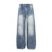 Washed Gradient Jeans For Men Loose Wide-Leg Floor-Length Split Patchwork Design Casual Straight-Leg Pants Trendy_mkmklike.com