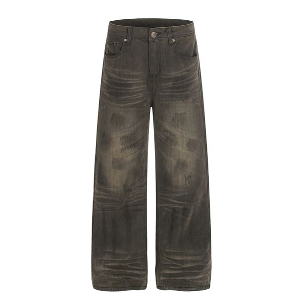 Men's High-Waist Distressed Jeans High Street Style Loose Fit Height Enhancing Retro Streetwear_mkmklike.com