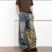 Men's Clothing Men's Retro Ripped Camouflage Patchwork Graffiti Washed Denim Pants Autumn Style Loose Straight Leg Wide Leg_mkmklike.com