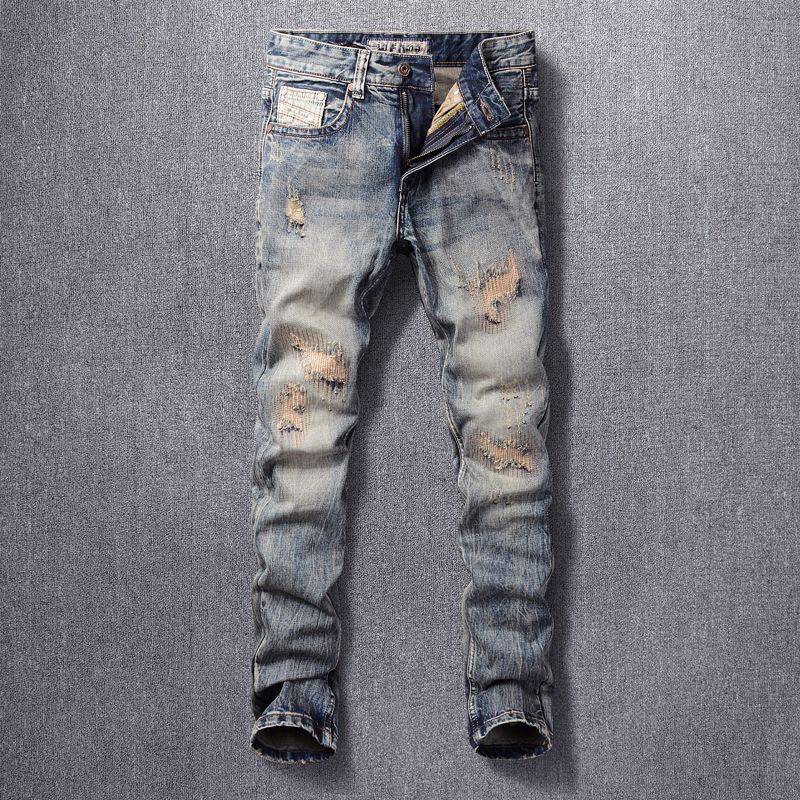 Men's Clothing Ripped Patch Jeans Men's Elastic Slim Fit Slim Feet Retro Old Trendy Straight_mkmklike.com
