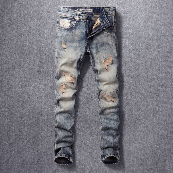 Men's Clothing Ripped Patch Jeans Men's Elastic Slim Fit Slim Feet Retro Old Trendy Straight_mkmklike.com