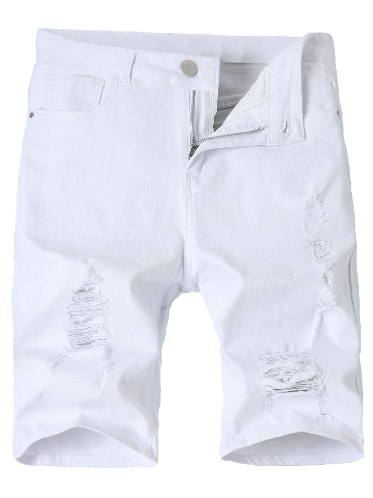 Casual And Minimalist White Denim Shorts For Men, Fashionable And Versatile, Slim Fit And Slimming, With Multi Craft Design And Perforated Shorts_mkmklike.com