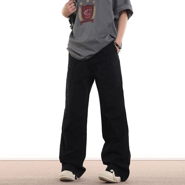 Men's Trendy High Waist Cargo Jeans with Pockets Loose Straight Leg Wide Leg Retro American Style Casual Trousers_mkmklike.com