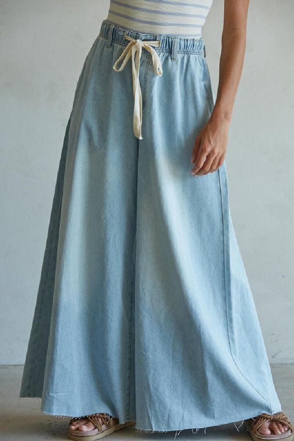 Women's Wide Leg Pants With Drawstring Elastic Waist New Washed Denim Jeans From Collection_mkmklike.com