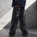Men's Classic Black Distressed Denim Jeans – Relaxed Straight-Leg Vintage Wash With Faux Rips (Streetwear Baggy Fit, Non-Stretch Cotton)_mkmklike.com