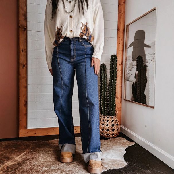 High-Waisted Wide-Leg Jeans For Women - Vintage Washed Denim With Mid-Seam & Turned Hem (S-XXL, Dark Blue/Light Blue)_mkmklike.com