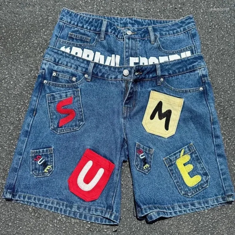 Men's Jeans Deeptown Vintage Letter Graphic Women Man Short Y2k Hip Hop Double Waisted American Style Jorts Baggy_mkmklike.com