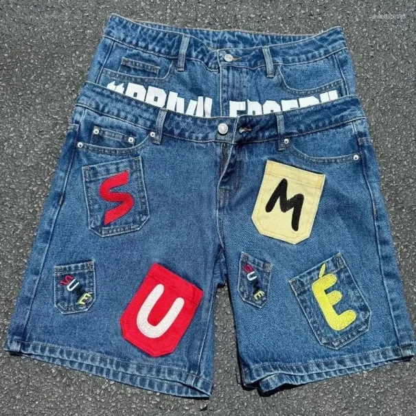 Men's Jeans Deeptown Vintage Letter Graphic Women Man Short Y2k Hip Hop Double Waisted American Style Jorts Baggy_mkmklike.com