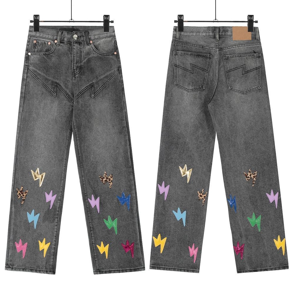 Amxn Nw Lightning Jans Limitd Edition Embroidrd Patch Washd High Strt Loos Straight Long Pants Unisx_mkmklike.com