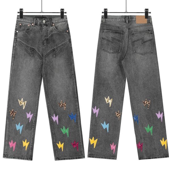 Amxn Nw Lightning Jans Limitd Edition Embroidrd Patch Washd High Strt Loos Straight Long Pants Unisx_mkmklike.com