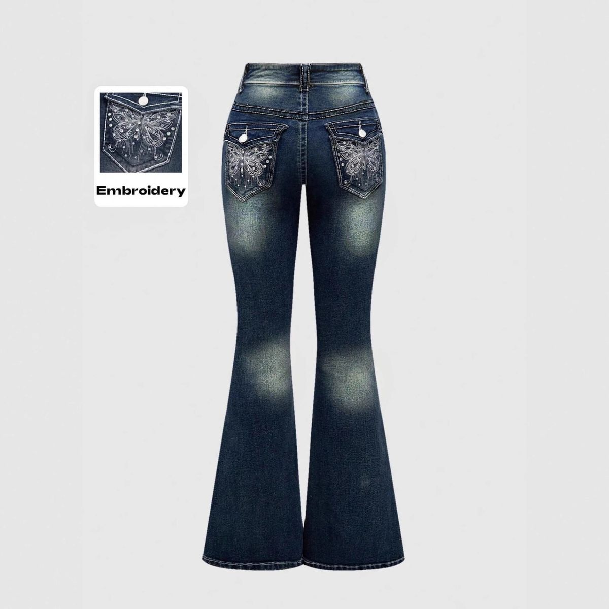 European American Cross-border Hot-selling Women's Clothing: Slim-fit, Slightly Flared Jeans With Back Pocket Embroidery_mkmklike.com