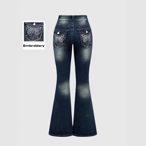 European American Cross-border Hot-selling Women's Clothing: Slim-fit, Slightly Flared Jeans With Back Pocket Embroidery_mkmklike.com
