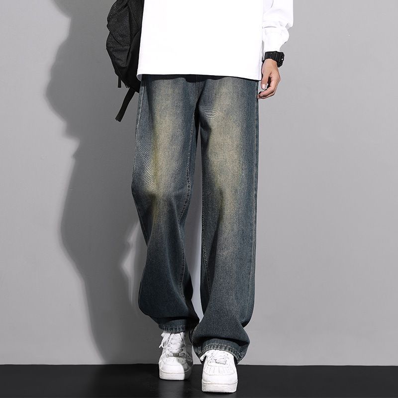"Men's Washed Denim Jeans – High Street Loose Fit Straight Leg Pants, Relaxed & Stylish For Casual & Streetwear_mkmklike.com