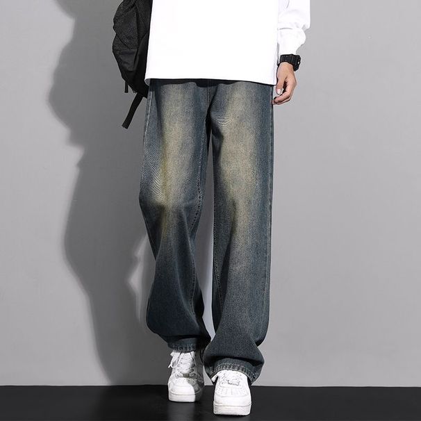 "Men's Washed Denim Jeans – High Street Loose Fit Straight Leg Pants, Relaxed & Stylish For Casual & Streetwear_mkmklike.com