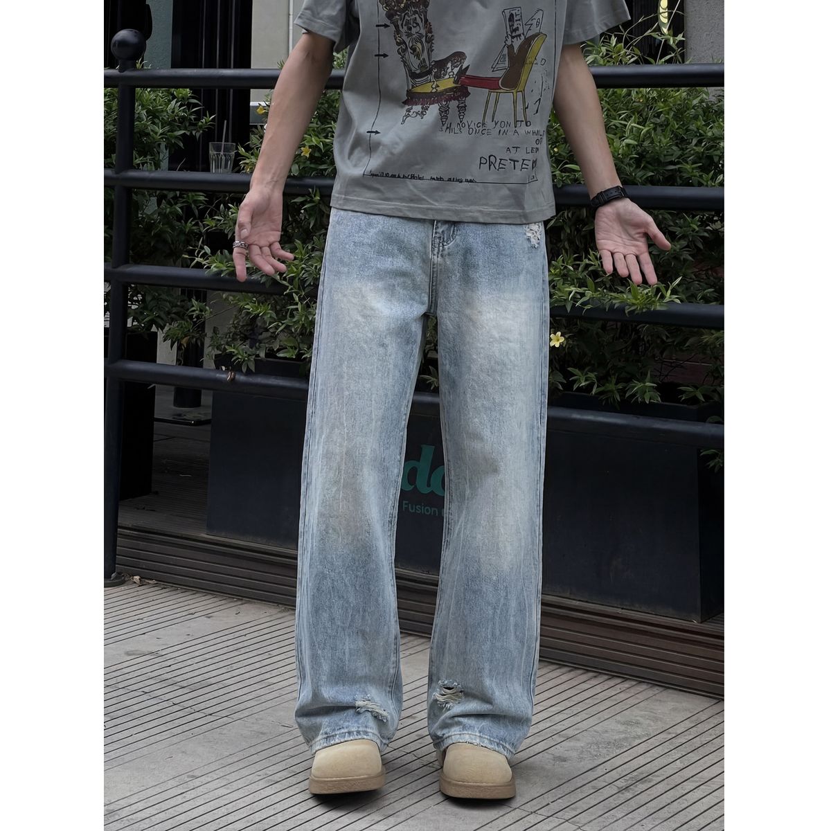 Men's Ripped Jeans High End Feel Loose Wide Leg Straight Long Pants Cool Casual Summer Style Reverse Closure_mkmklike.com
