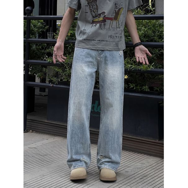 Men's Ripped Jeans High End Feel Loose Wide Leg Straight Long Pants Cool Casual Summer Style Reverse Closure_mkmklike.com