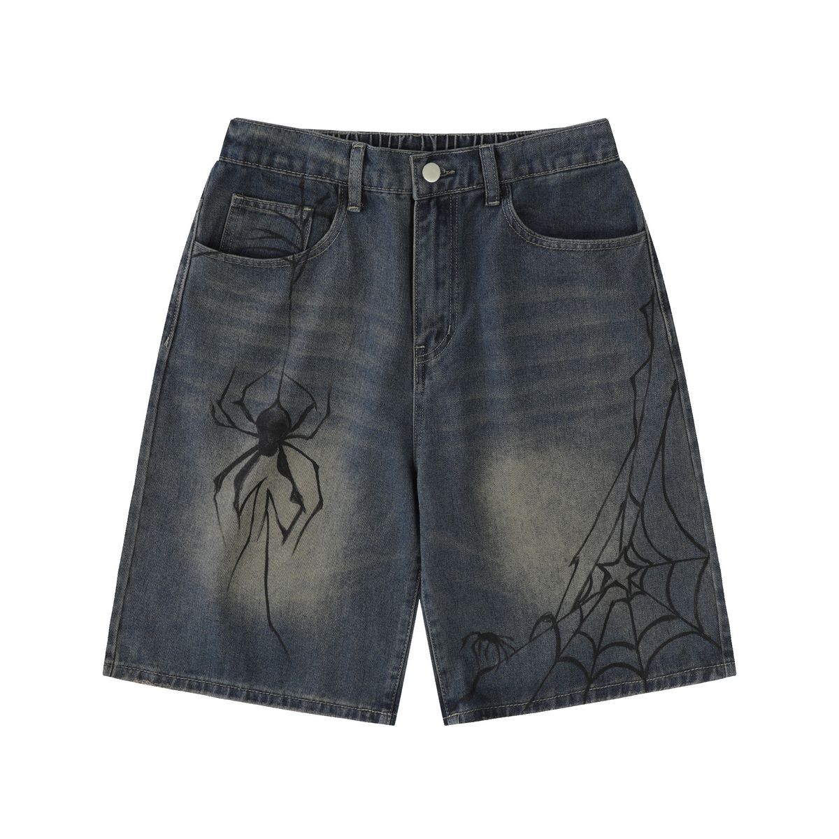 Men's Clothing Painted Spider Denim Shorts Loose Retro Distressed Blue Straight Shorts_mkmklike.com