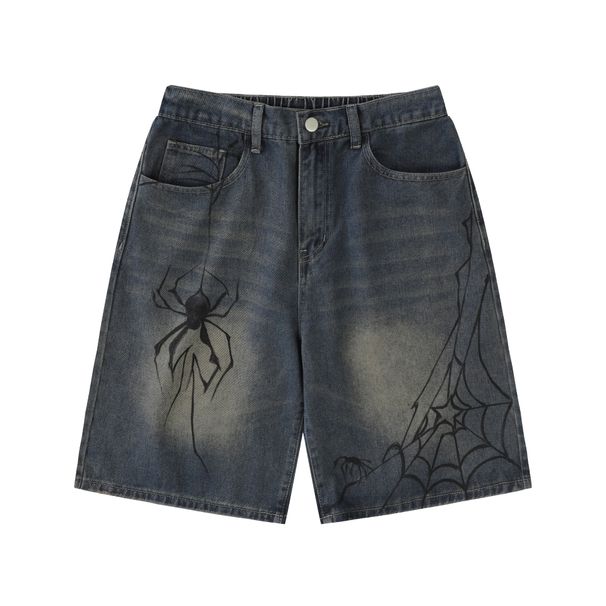 Men's Clothing Painted Spider Denim Shorts Loose Retro Distressed Blue Straight Shorts_mkmklike.com