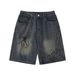 Men's Clothing Painted Spider Denim Shorts Loose Retro Distressed Blue Straight Shorts_mkmklike.com