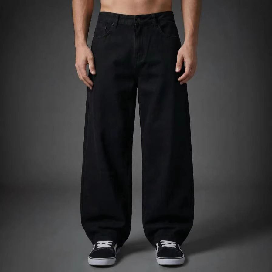 Men's Loose Straight Leg Jeans Black Casual Wide Leg Pants Mid Waist Cotton Midweight Machine Washable_mkmklike.com