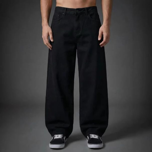 Men's Loose Straight Leg Jeans Black Casual Wide Leg Pants Mid Waist Cotton Midweight Machine Washable_mkmklike.com