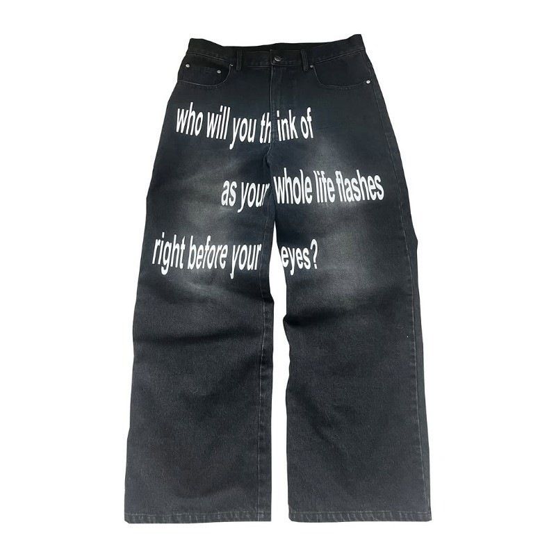 New Retro Pattern Print Jeans High Street Hip Hop Y2K Style Versatile Long Pants For Men And Women_mkmklike.com