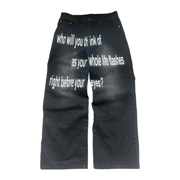 New Retro Pattern Print Jeans High Street Hip Hop Y2K Style Versatile Long Pants For Men And Women_mkmklike.com