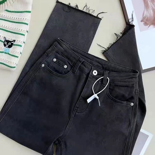 High-Waisted Flared Jeans For Women - Cement Gray Stretch Denim, Fleece-Lined Winter Bell Bottoms With Double Button Closure_mkmklike.com