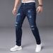Men's Dark Wash Slim Fit Ripped Jeans - High Street Stretch Cropped Denim With Distressed Details (S-2XL)_mkmklike.com