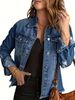 Women's Distressed Denim Jacket With Ripped Details, Light Blue Casual Oversized Denim Vest, Stretch Spandex Blend For Comfort_mkmklike.com