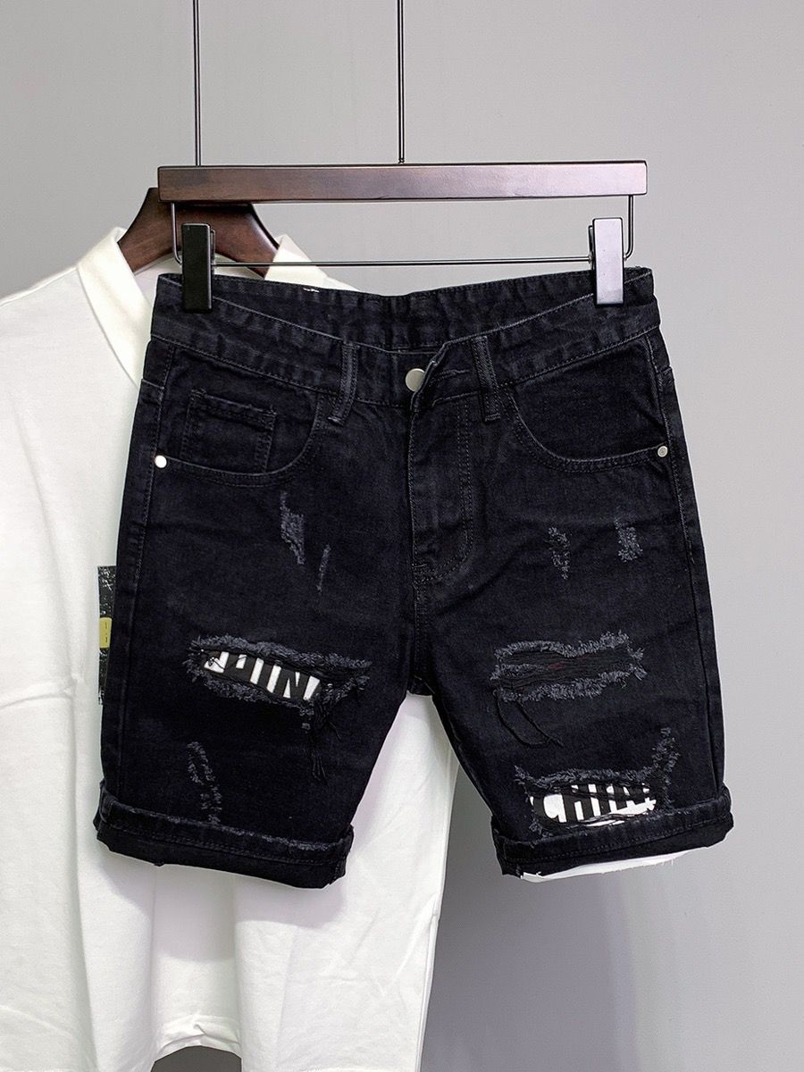 Men's Slim Fit Distressed Denim Shorts Trendy Cool Black mid Waist Jeans for Summer 2026 Standard Thickness Slight Stretch_mkmklike.com
