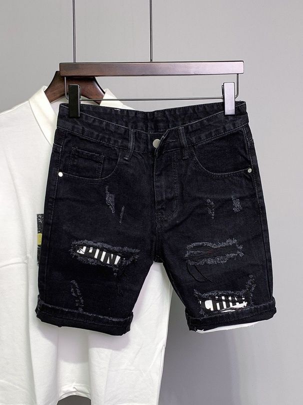 Men's Slim Fit Distressed Denim Shorts Trendy Cool Black mid Waist Jeans for Summer 2026 Standard Thickness Slight Stretch_mkmklike.com