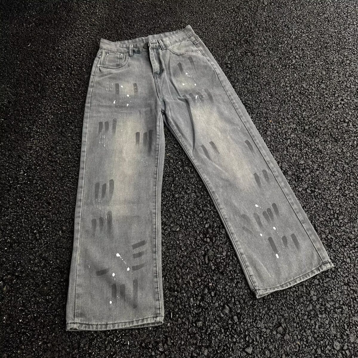 Men's Dirty Paint Splatter Jeans High Street Casual Loose Straight Leg Pants Spring Autumn New Style_mkmklike.com