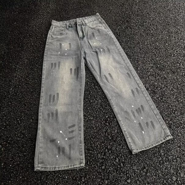 Men's Dirty Paint Splatter Jeans High Street Casual Loose Straight Leg Pants Spring Autumn New Style_mkmklike.com