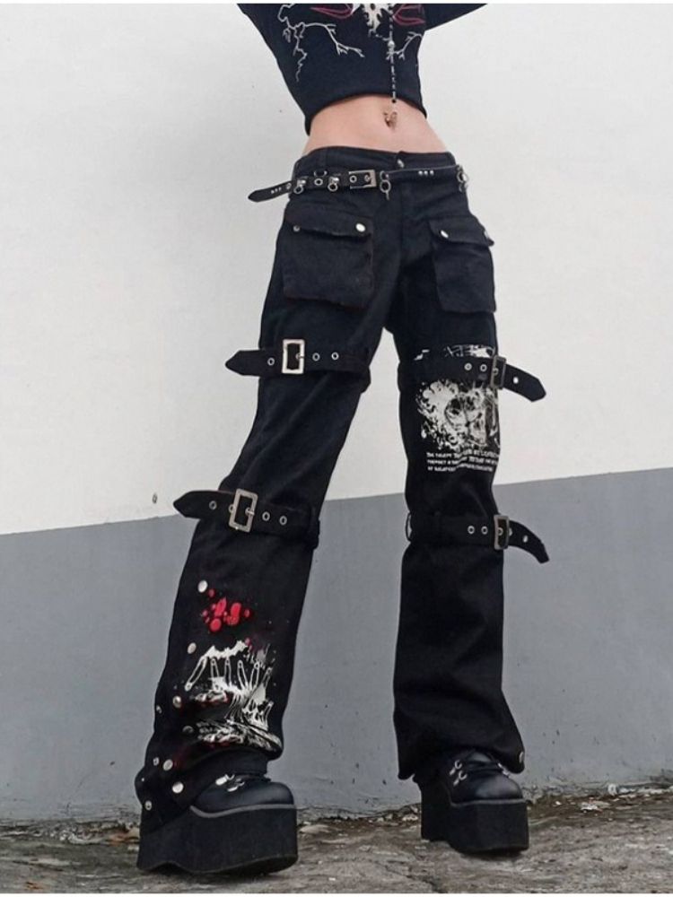 K Street Cool Trendy Design Print Metal Buckle Denim Draped Long Pants_mkmklike.com