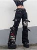K Street Cool Trendy Design Print Metal Buckle Denim Draped Long Pants_mkmklike.com