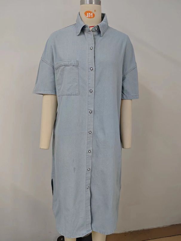 K Women's New Loose Denim Short Sleeved Long Skirt Dress_mkmklike.com