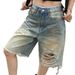 Summer High Street Women's Ripped Denim Mid-Length Shorts Slim Fit Straight Leg Distressed Washed Frayed Edges Five Point_mkmklike.com