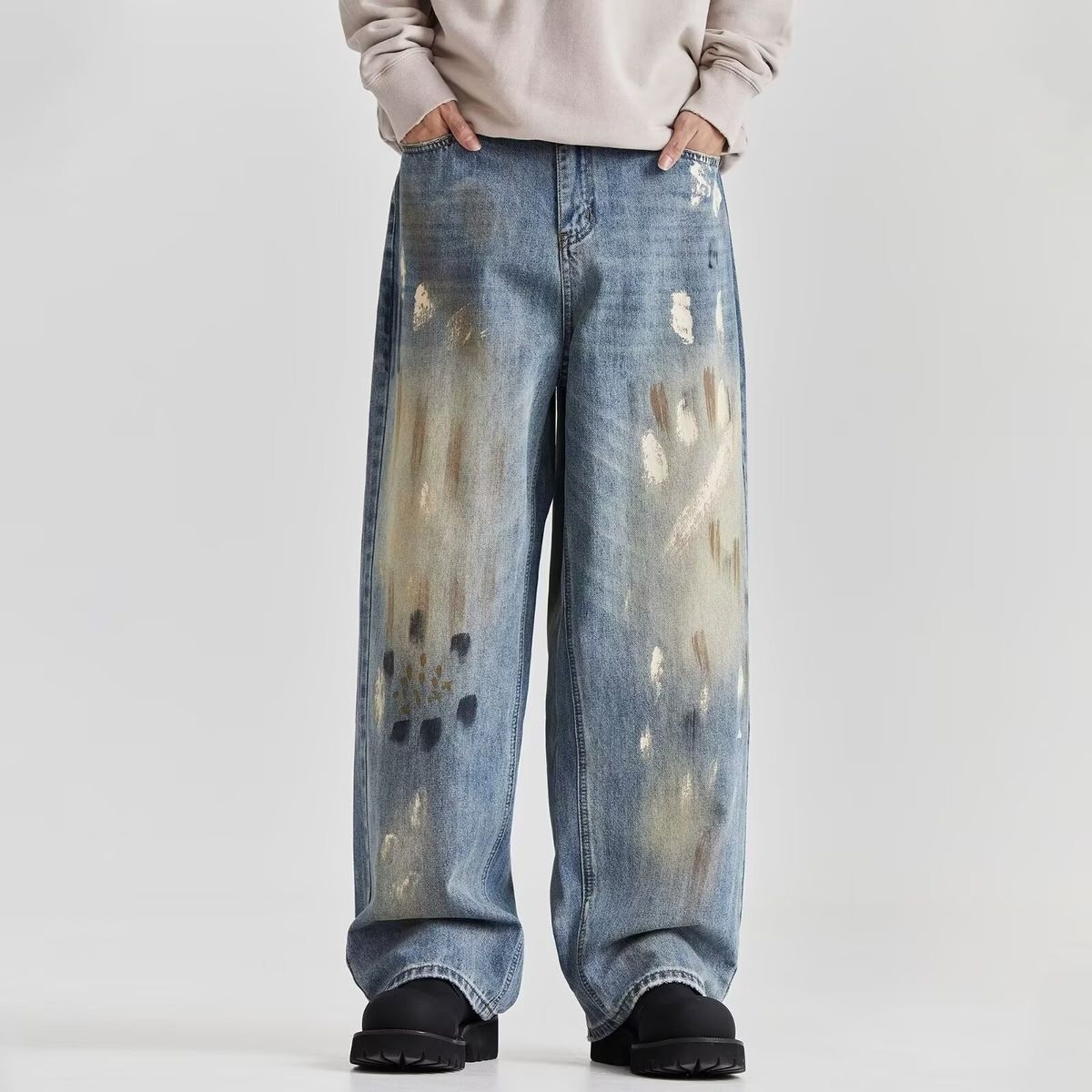 Unisex American High Street Straight Leg Jeans Graffiti Print Loose Fit Retro Trendy Pants Stylish Summer Cross Border E Commerce_mkmklike.com