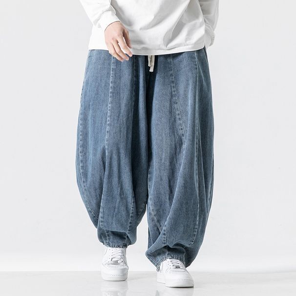 New Men's In Plus Size Japanese Retro Loose Haren Straight Hong Kong Style Wide Leg Denim Lantern Pants_mkmklike.com