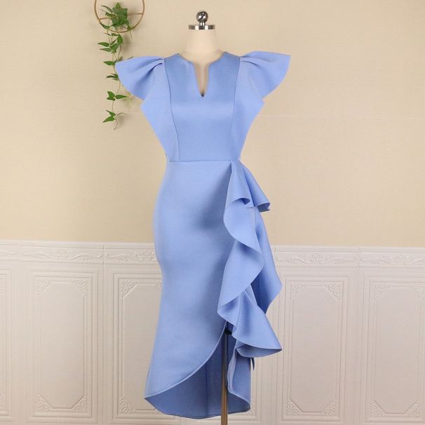 Women's V-neck ruffled high waist plus size slim fit irregular hem women's dress white dress_mkmklike.com