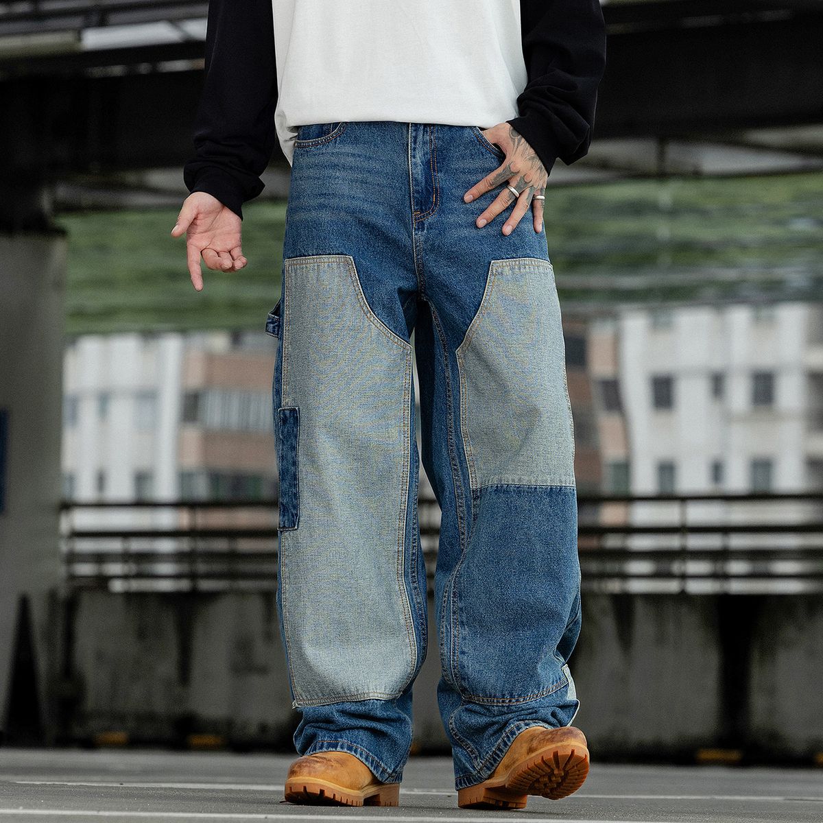 Men's Color Blocked Patchwork Jeans High Street Style Loose Straight Leg Wide Leg Trousers Autumn Trendy Retro Cool Design_mkmklike.com