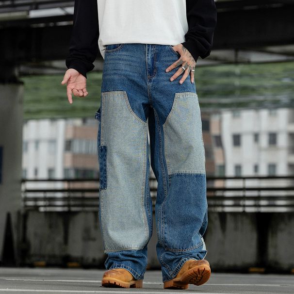 Men's Color Blocked Patchwork Jeans High Street Style Loose Straight Leg Wide Leg Trousers Autumn Trendy Retro Cool Design_mkmklike.com
