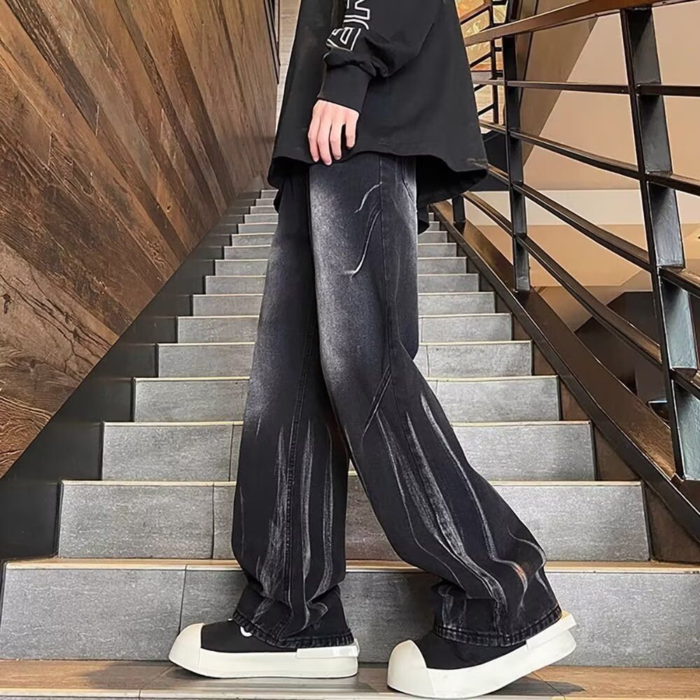 Men's High Street Retro Washed Distressed Tie Dye Jeans Loose Fit Slightly Flared Wide Leg Pants Vibe Denim_mkmklike.com