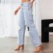 European And American Knee Ripped Jeans Women's High Waist Long Wide Leg Pants Light Color Washed Casual Pants_mkmklike.com