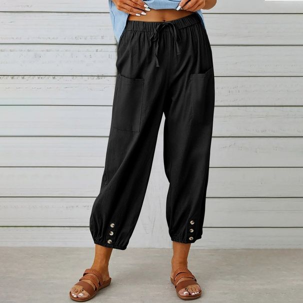 Women's high-waist buttoned cotton pants cropped pants wide-leg women's pants_mkmklike.com