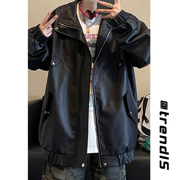 Black PU Leather Jacket For Men, Spring And Autumn, Stylish Cleanfit Short Baseball American Style Motorcycle Jacket,_mkmklike.com